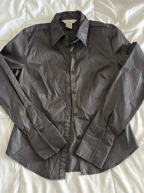 At Last New York Iridescent Gray Metallic Button Up Blouse Size Medium